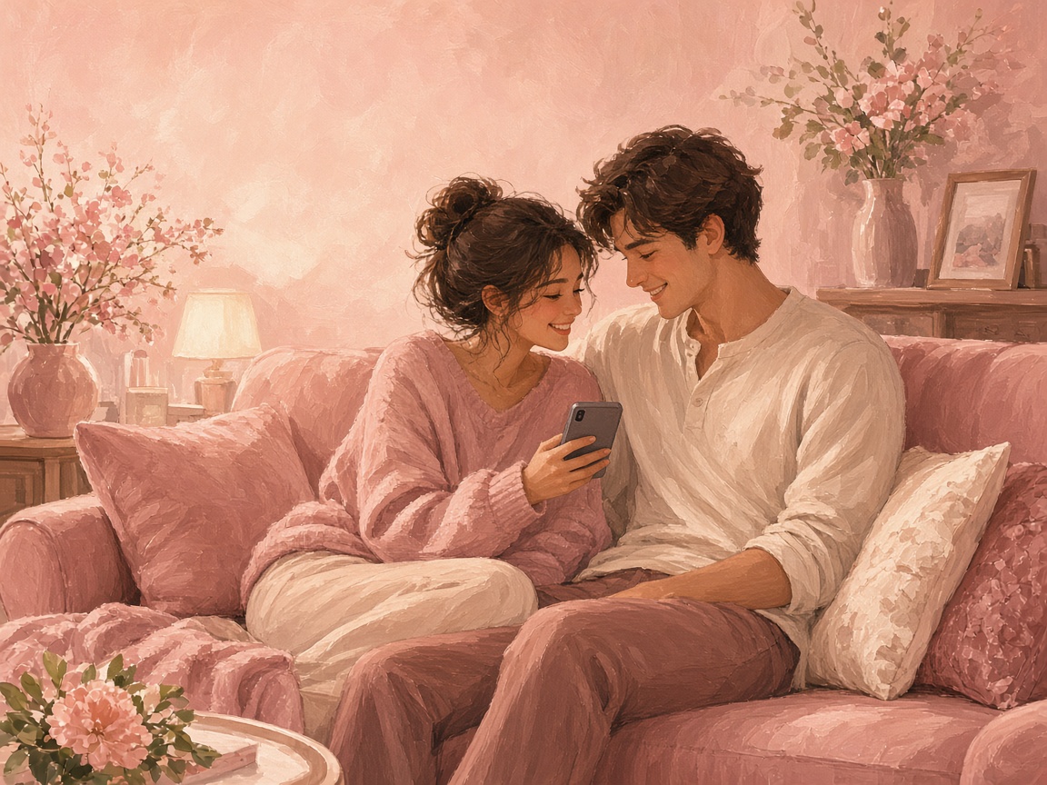Two people on a blush sofa, sharing one phone